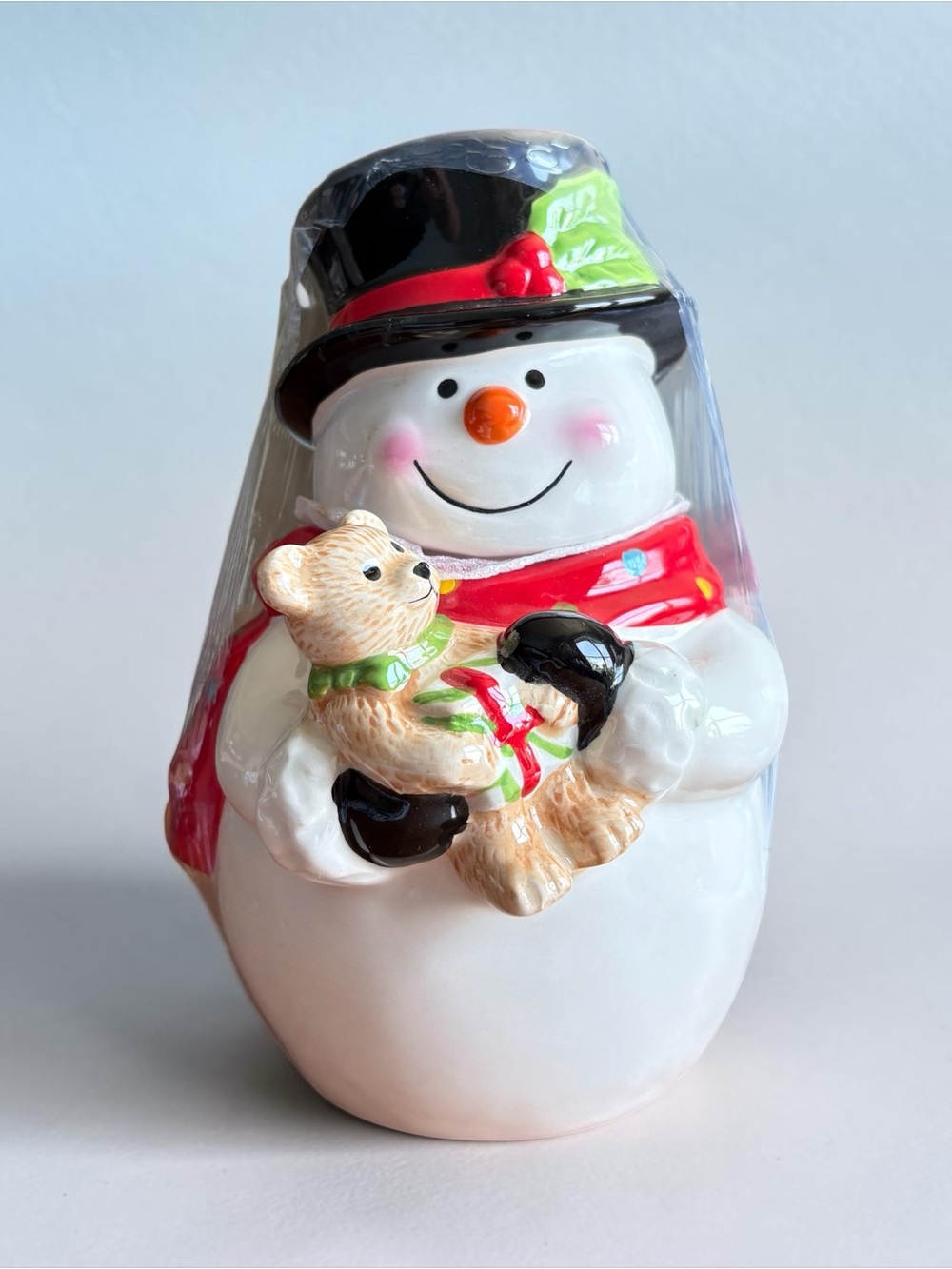 New Sleigh Bell Bistro Snowman Cookie Jar Teddy Bear Christmas Ceramic Holiday
